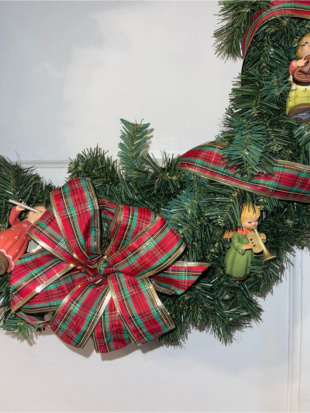 Festive Green Christmas 24 Inch Wreath with Red Plaid Ribbon and Angel Ornaments